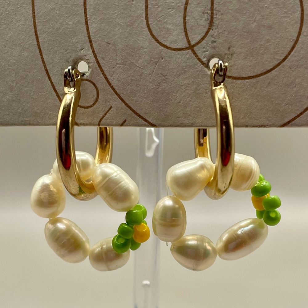 Urban Outfitters gold tone hoops with faux pearl wreaths and green pearl flower.